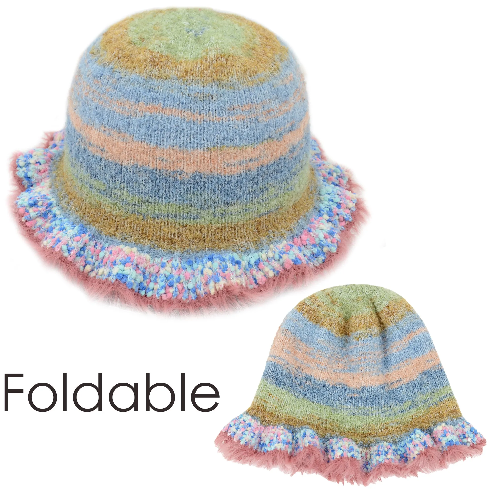 Anna-Kaci Colorful Striped Knit Bucket Hat Fluffy Trendy Winter Lightweight Foldable Crochet Fisherman Hat for Women