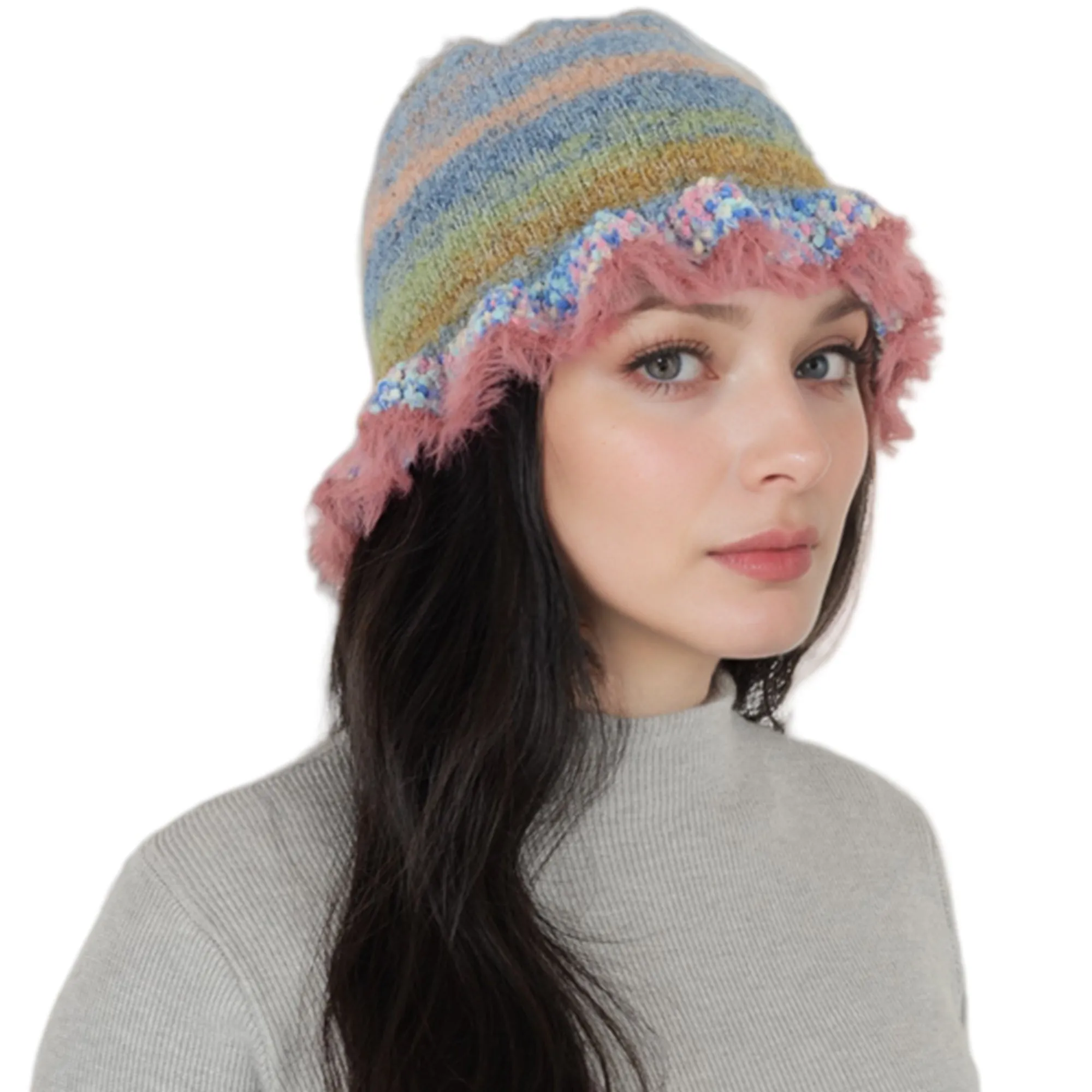Anna-Kaci Colorful Striped Knit Bucket Hat Fluffy Trendy Winter Lightweight Foldable Crochet Fisherman Hat for Women