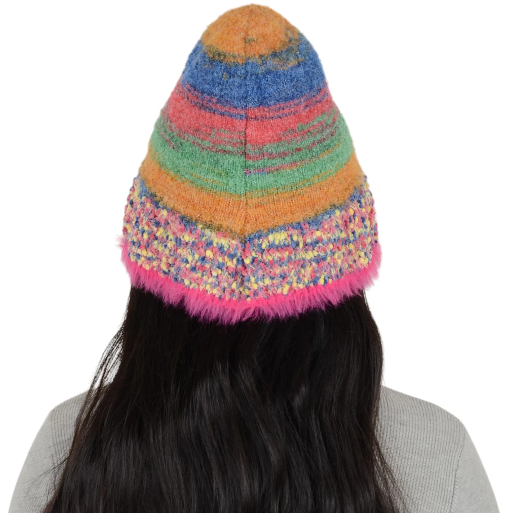 Anna-Kaci Colorful Striped Knit Bucket Hat Fluffy Trendy Winter Lightweight Foldable Crochet Fisherman Hat for Women