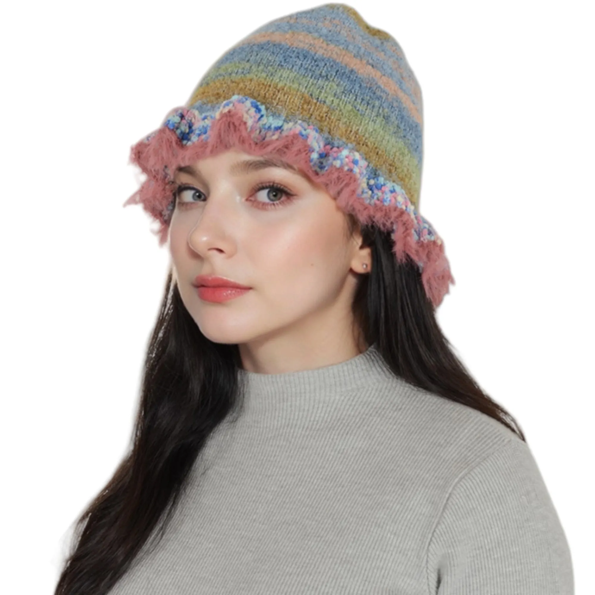 Anna-Kaci Colorful Striped Knit Bucket Hat Fluffy Trendy Winter Lightweight Foldable Crochet Fisherman Hat for Women