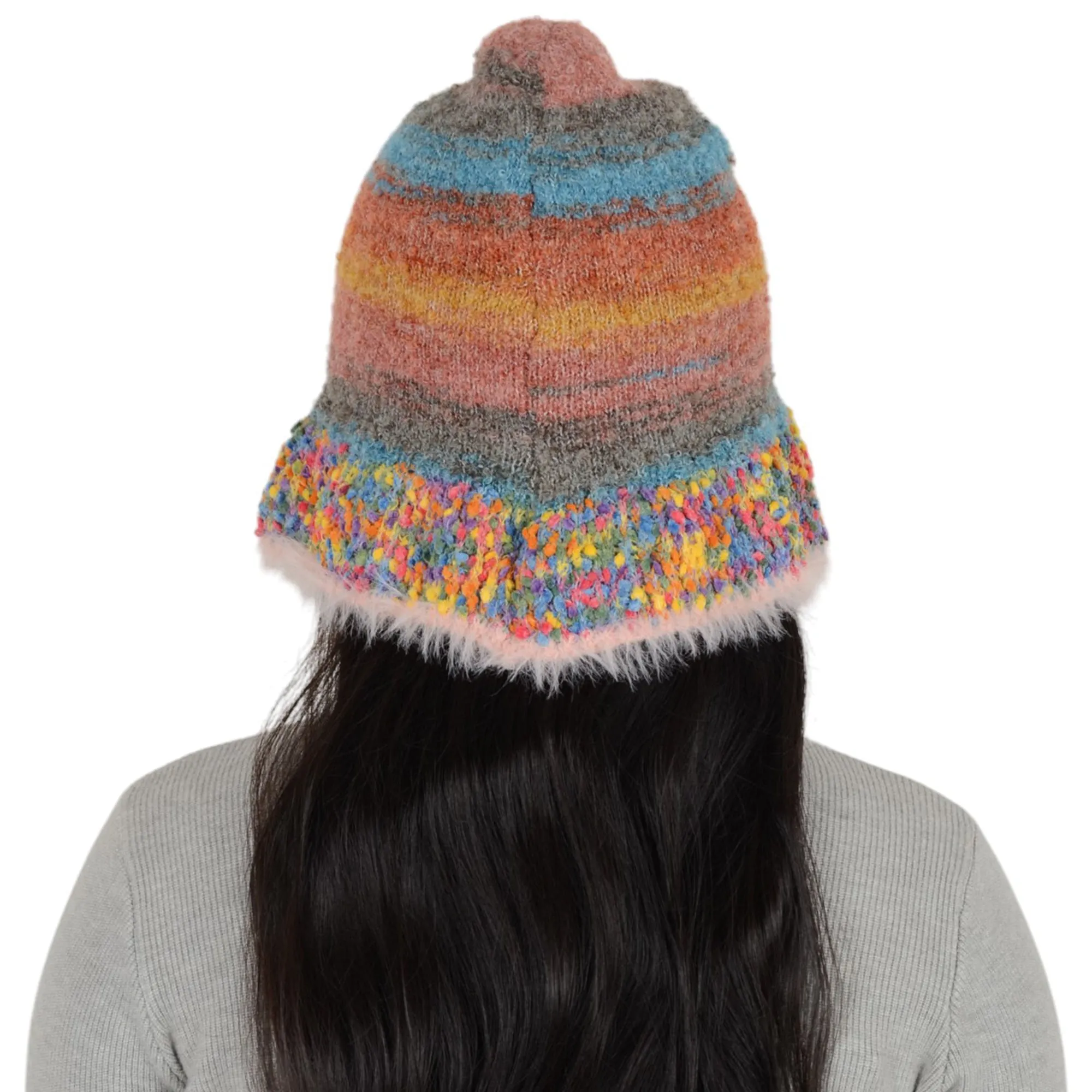 Anna-Kaci Colorful Striped Knit Bucket Hat Fluffy Trendy Winter Lightweight Foldable Crochet Fisherman Hat for Women