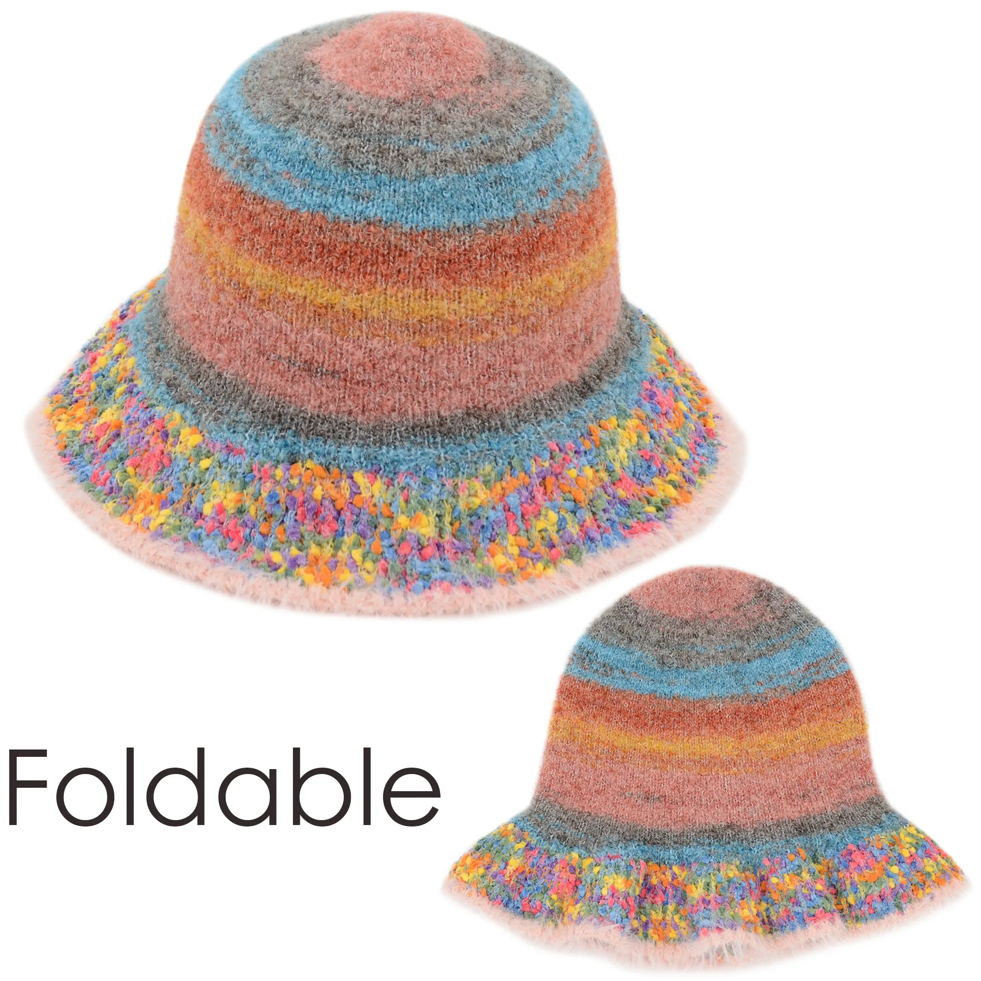 Anna-Kaci Colorful Striped Knit Bucket Hat Fluffy Trendy Winter Lightweight Foldable Crochet Fisherman Hat for Women
