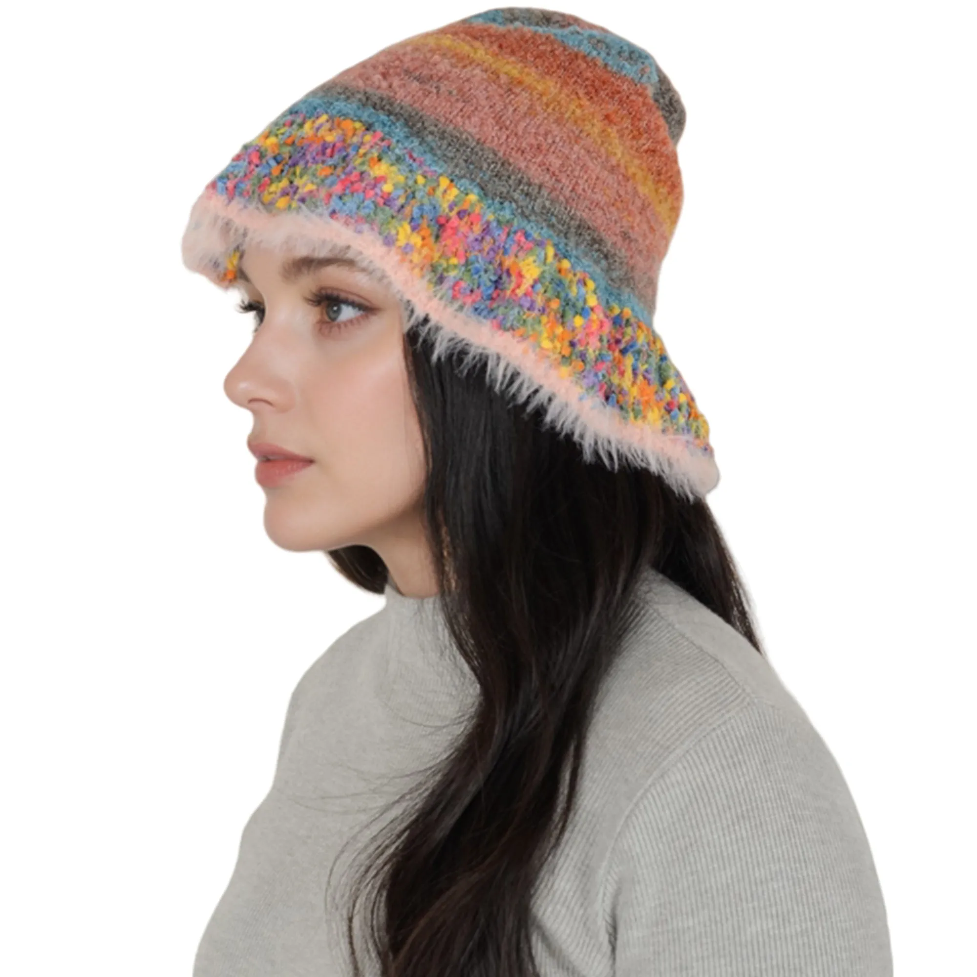 Anna-Kaci Colorful Striped Knit Bucket Hat Fluffy Trendy Winter Lightweight Foldable Crochet Fisherman Hat for Women