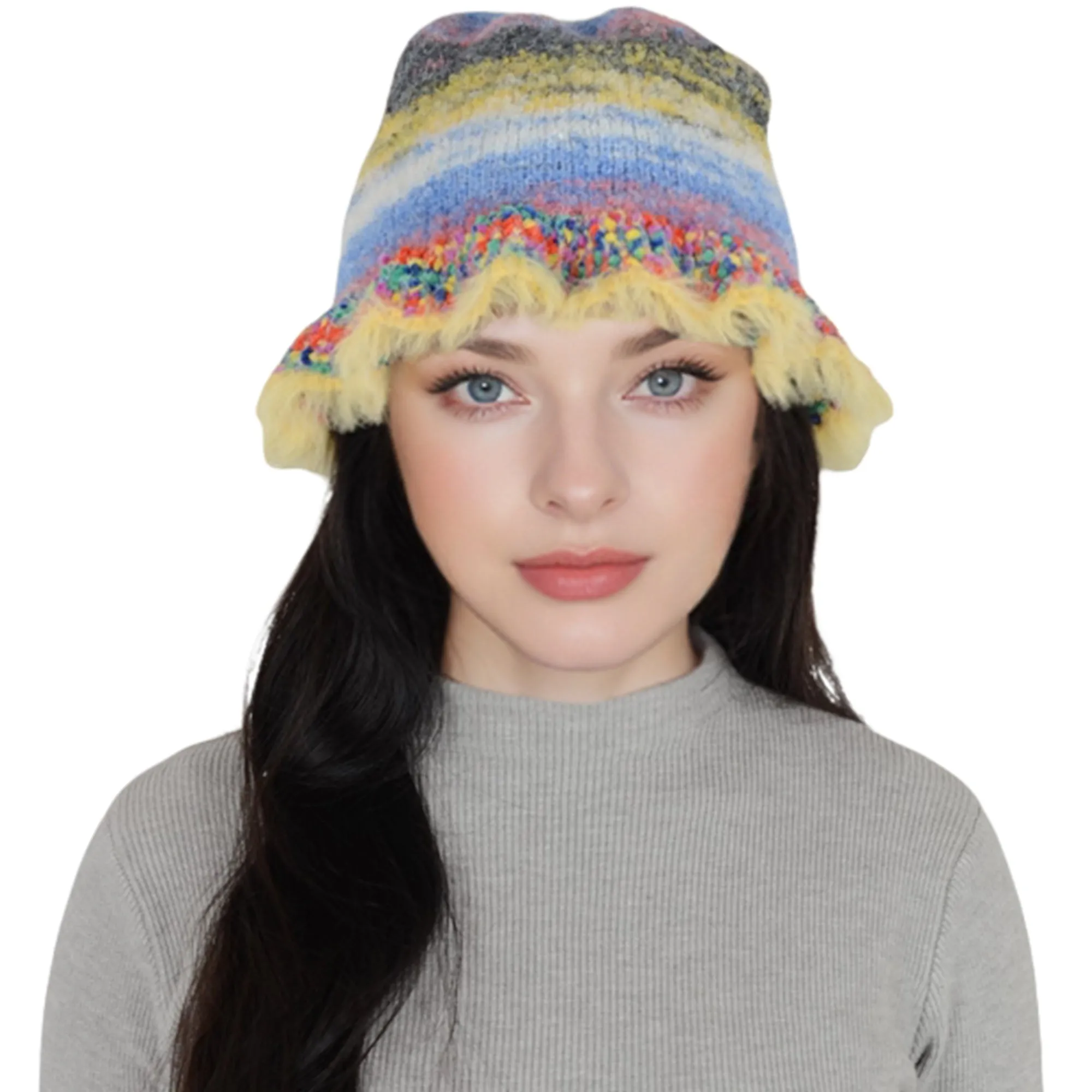 Anna-Kaci Colorful Striped Knit Bucket Hat Fluffy Trendy Winter Lightweight Foldable Crochet Fisherman Hat for Women