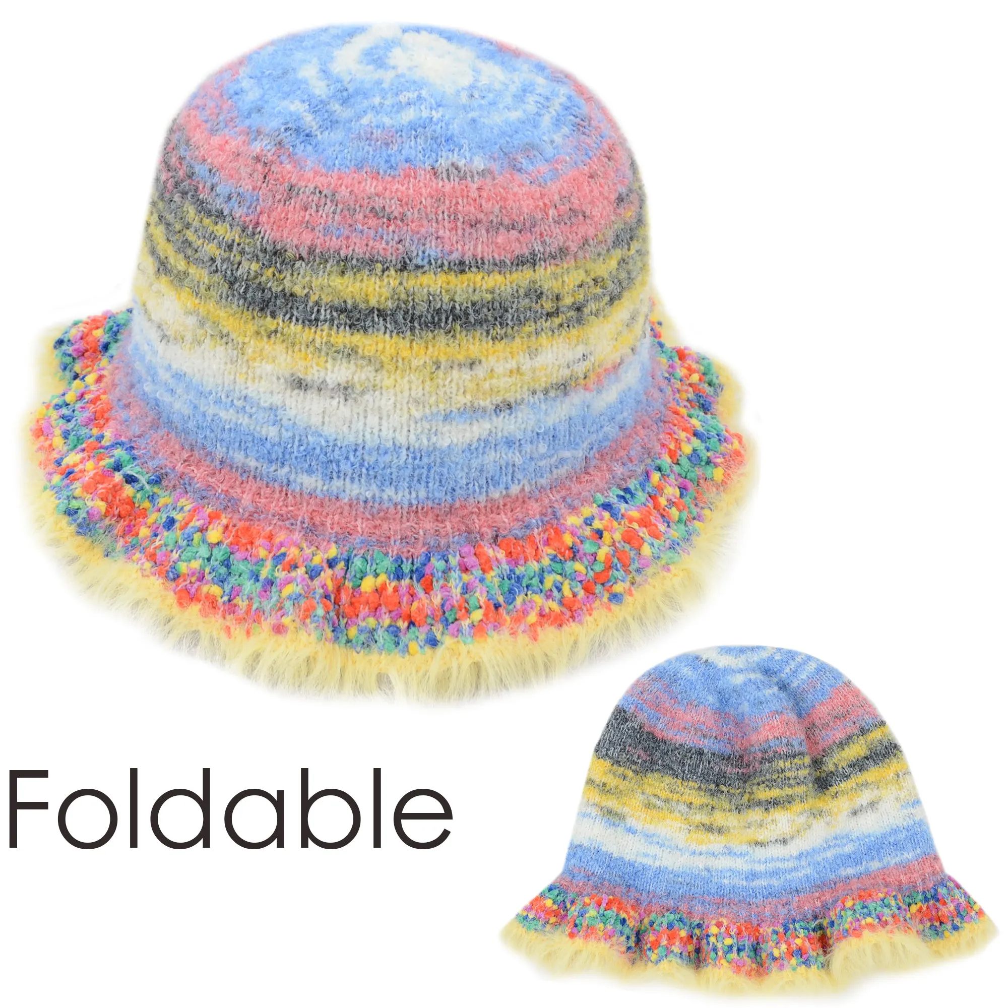 Anna-Kaci Colorful Striped Knit Bucket Hat Fluffy Trendy Winter Lightweight Foldable Crochet Fisherman Hat for Women