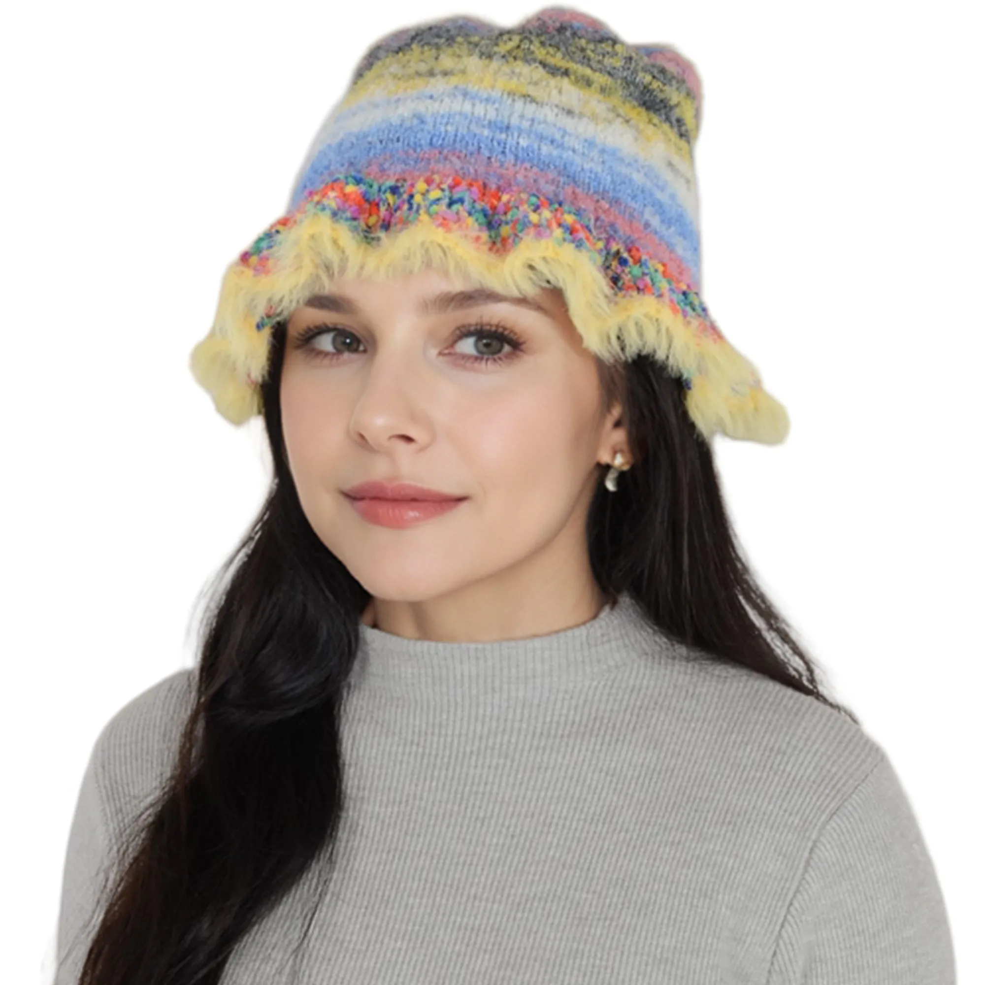 Anna-Kaci Colorful Striped Knit Bucket Hat Fluffy Trendy Winter Lightweight Foldable Crochet Fisherman Hat for Women