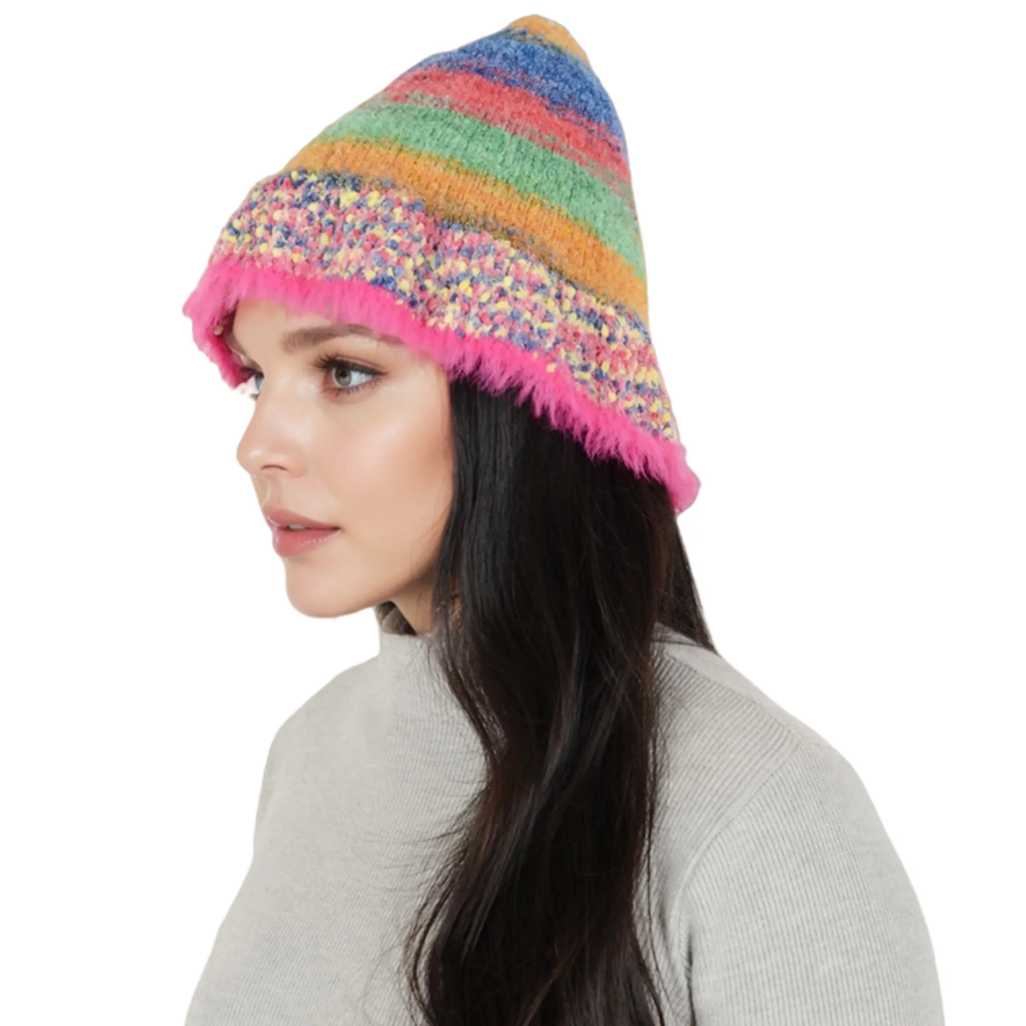Anna-Kaci Colorful Striped Knit Bucket Hat Fluffy Trendy Winter Lightweight Foldable Crochet Fisherman Hat for Women