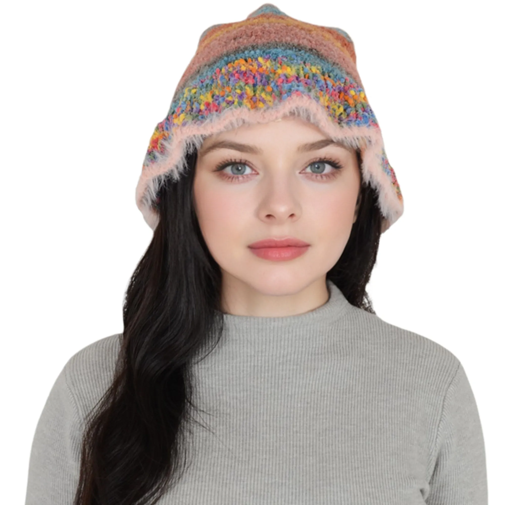 Anna-Kaci Colorful Striped Knit Bucket Hat Fluffy Trendy Winter Lightweight Foldable Crochet Fisherman Hat for Women