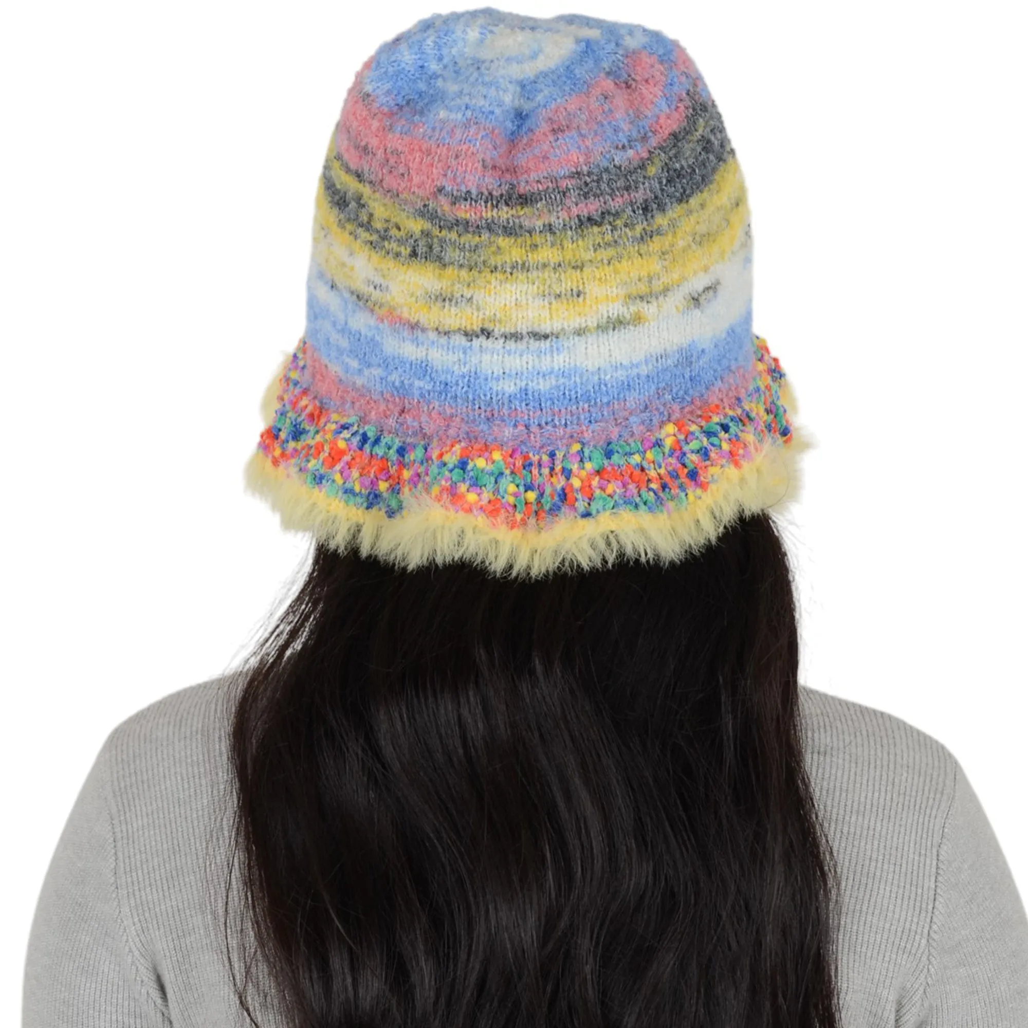 Anna-Kaci Colorful Striped Knit Bucket Hat Fluffy Trendy Winter Lightweight Foldable Crochet Fisherman Hat for Women
