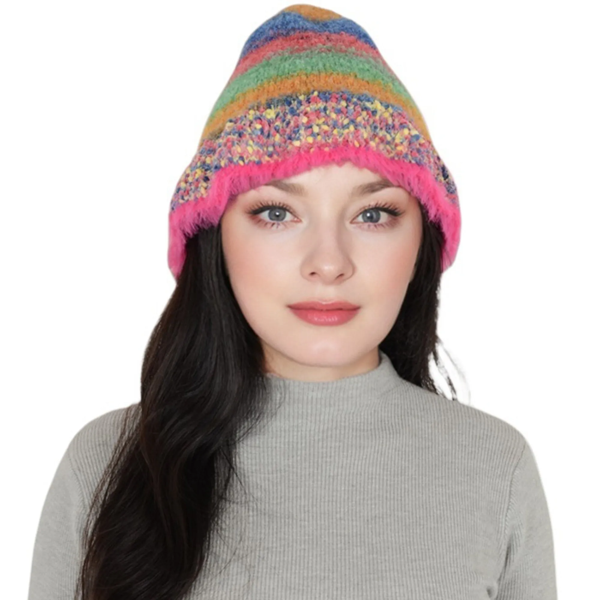 Anna-Kaci Colorful Striped Knit Bucket Hat Fluffy Trendy Winter Lightweight Foldable Crochet Fisherman Hat for Women