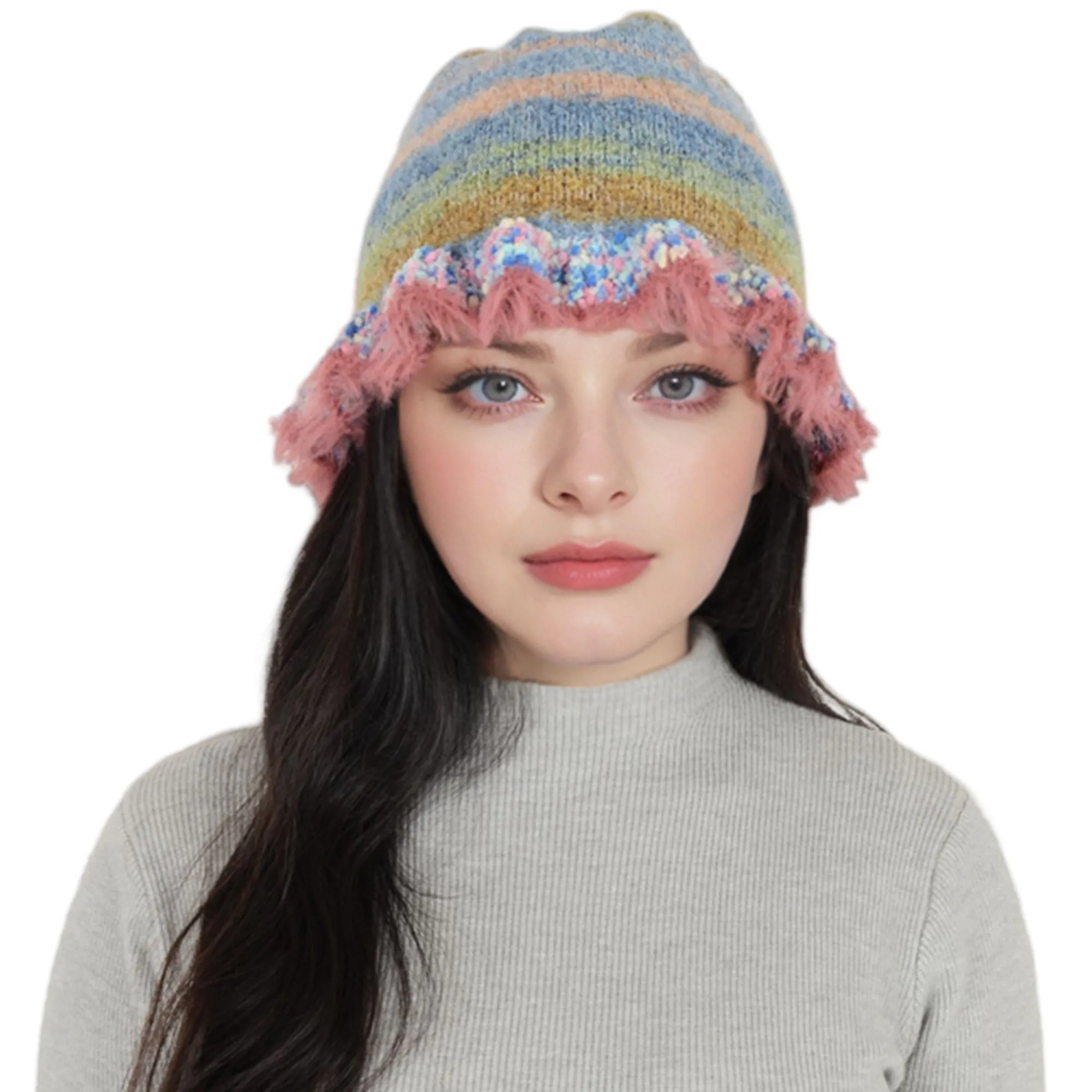 Anna-Kaci Colorful Striped Knit Bucket Hat Fluffy Trendy Winter Lightweight Foldable Crochet Fisherman Hat for Women