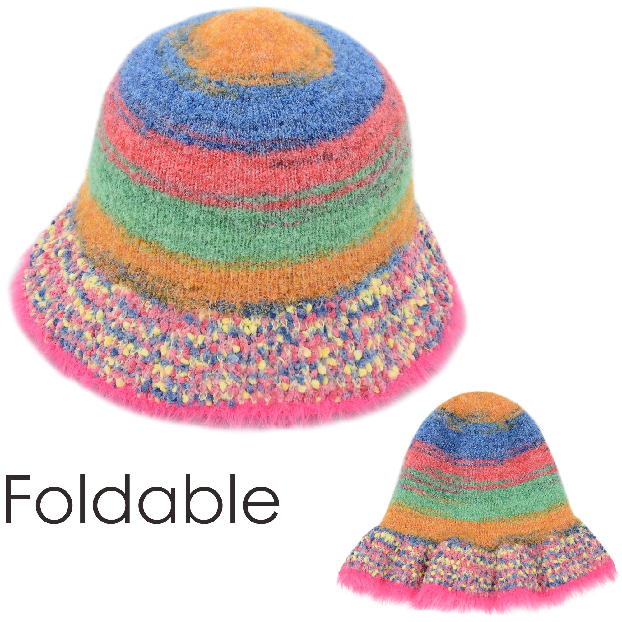 Anna-Kaci Colorful Striped Knit Bucket Hat Fluffy Trendy Winter Lightweight Foldable Crochet Fisherman Hat for Women