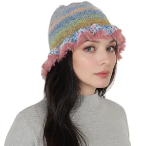 Anna-Kaci Colorful Striped Knit Bucket Hat Fluffy Trendy Winter Lightweight Foldable Crochet Fisherman Hat for Women
