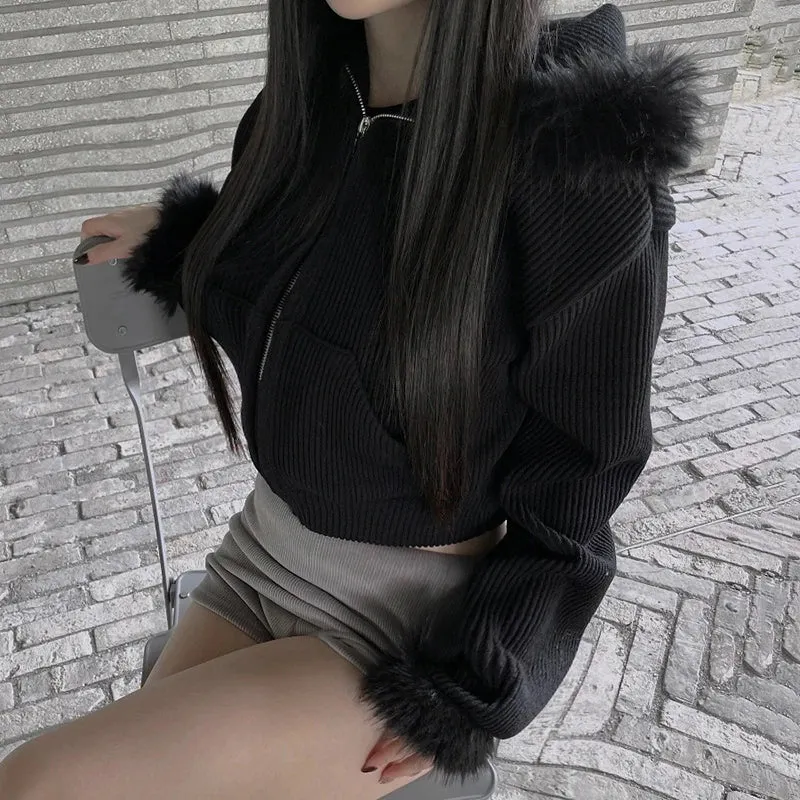 Black Faux Fur Trim Collar Corduroy Jacket