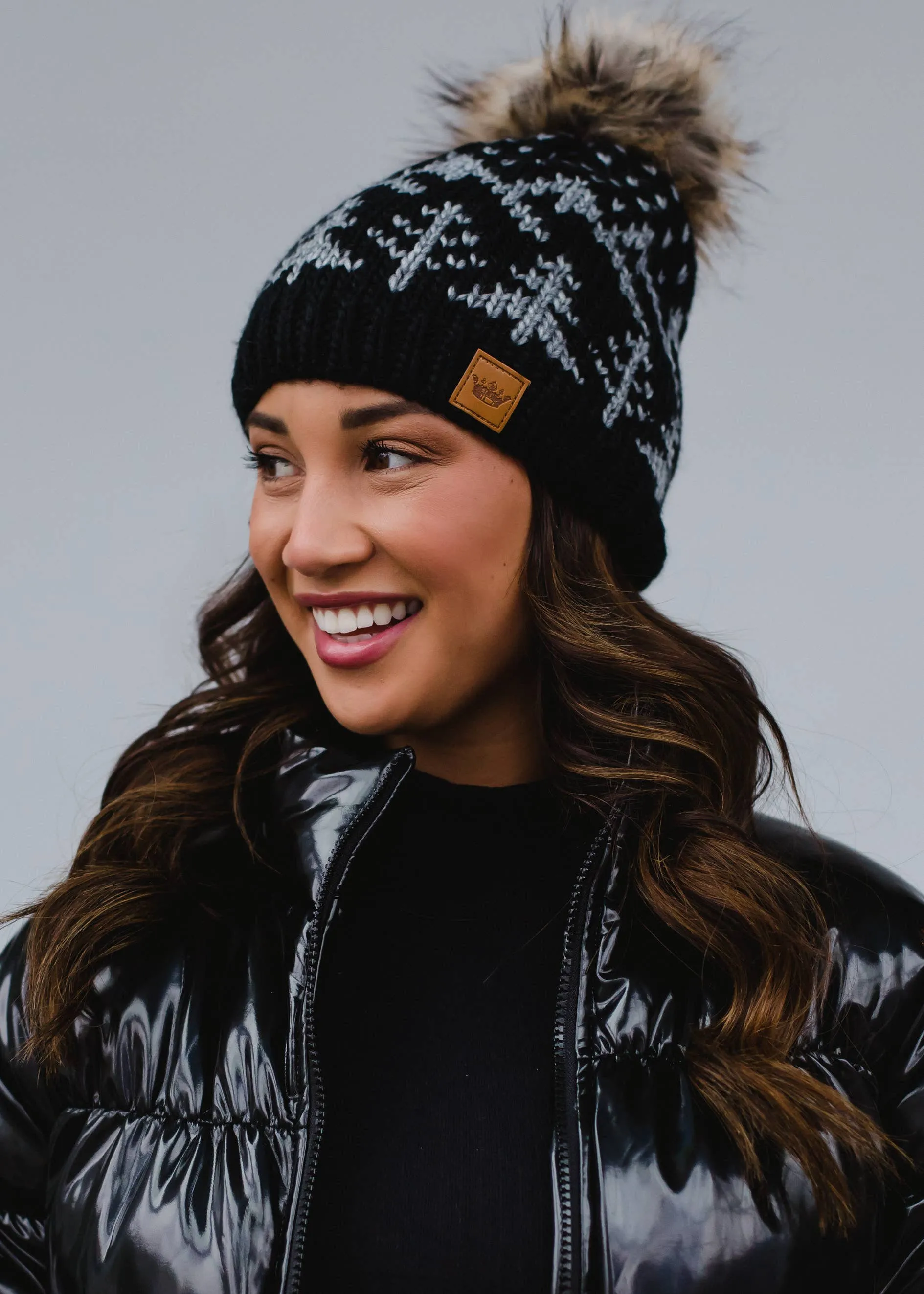 ***Black w/ Grey Trees Winter Pattern Pom Hat