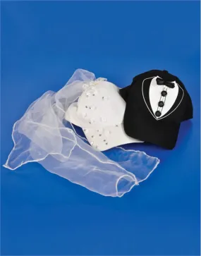Bride & Groom Costume Baseball Hat Set with Sequins, Tule Veil, & Tuxedo