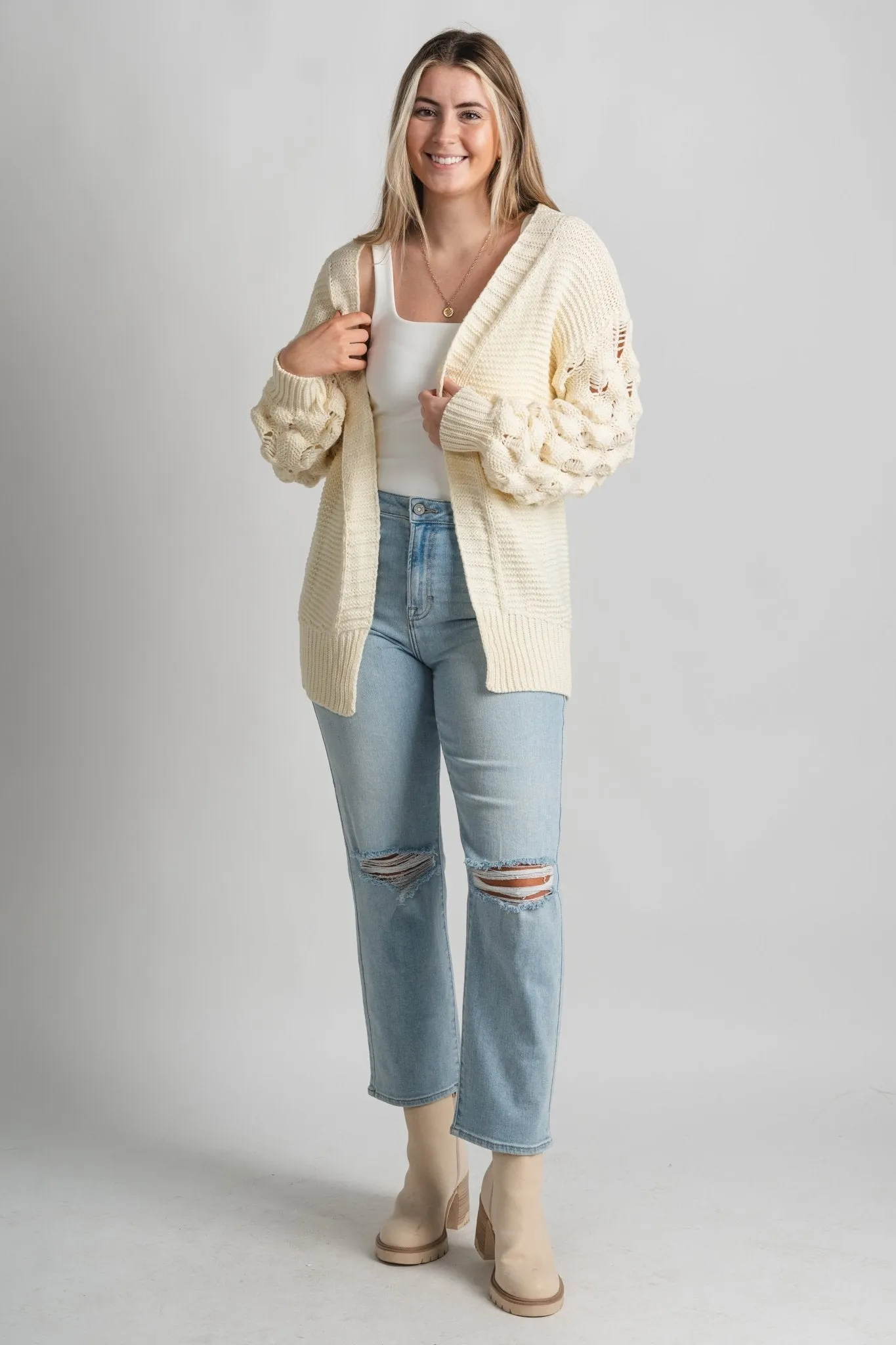 Bubble sleeve cardigan cream
