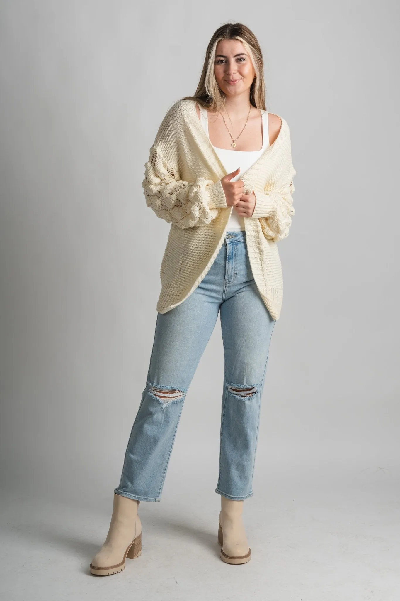 Bubble sleeve cardigan cream
