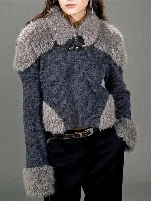 Buckled Faux-Fur Patch Knit Cardigan