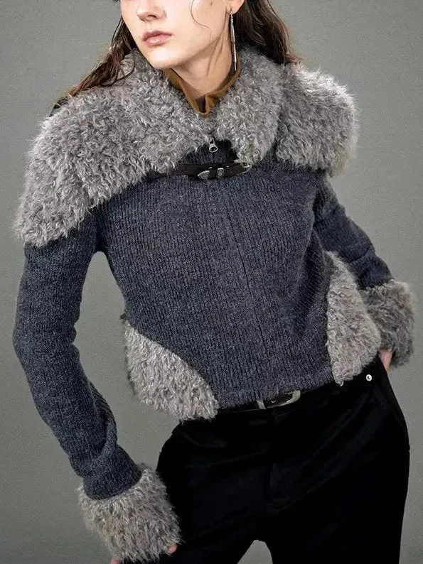 Buckled Faux-Fur Patch Knit Cardigan