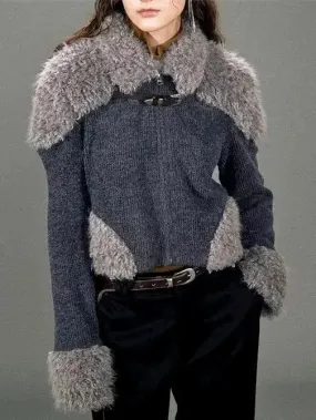 Buckled Faux-Fur Patch Knit Cardigan
