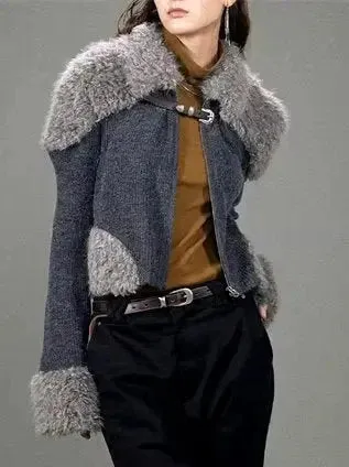 Buckled Faux-Fur Patch Knit Cardigan