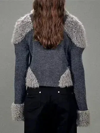 Buckled Faux-Fur Patch Knit Cardigan