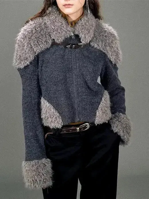 Buckled Faux-Fur Patch Knit Cardigan