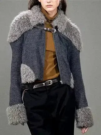 Buckled Faux-Fur Patch Knit Cardigan