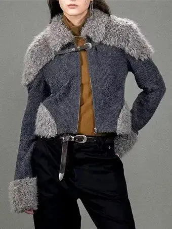 Buckled Faux-Fur Patch Knit Cardigan