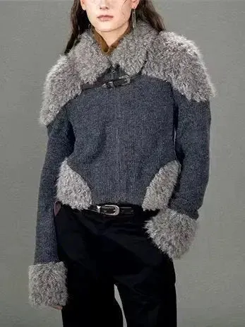 Buckled Faux-Fur Patch Knit Cardigan