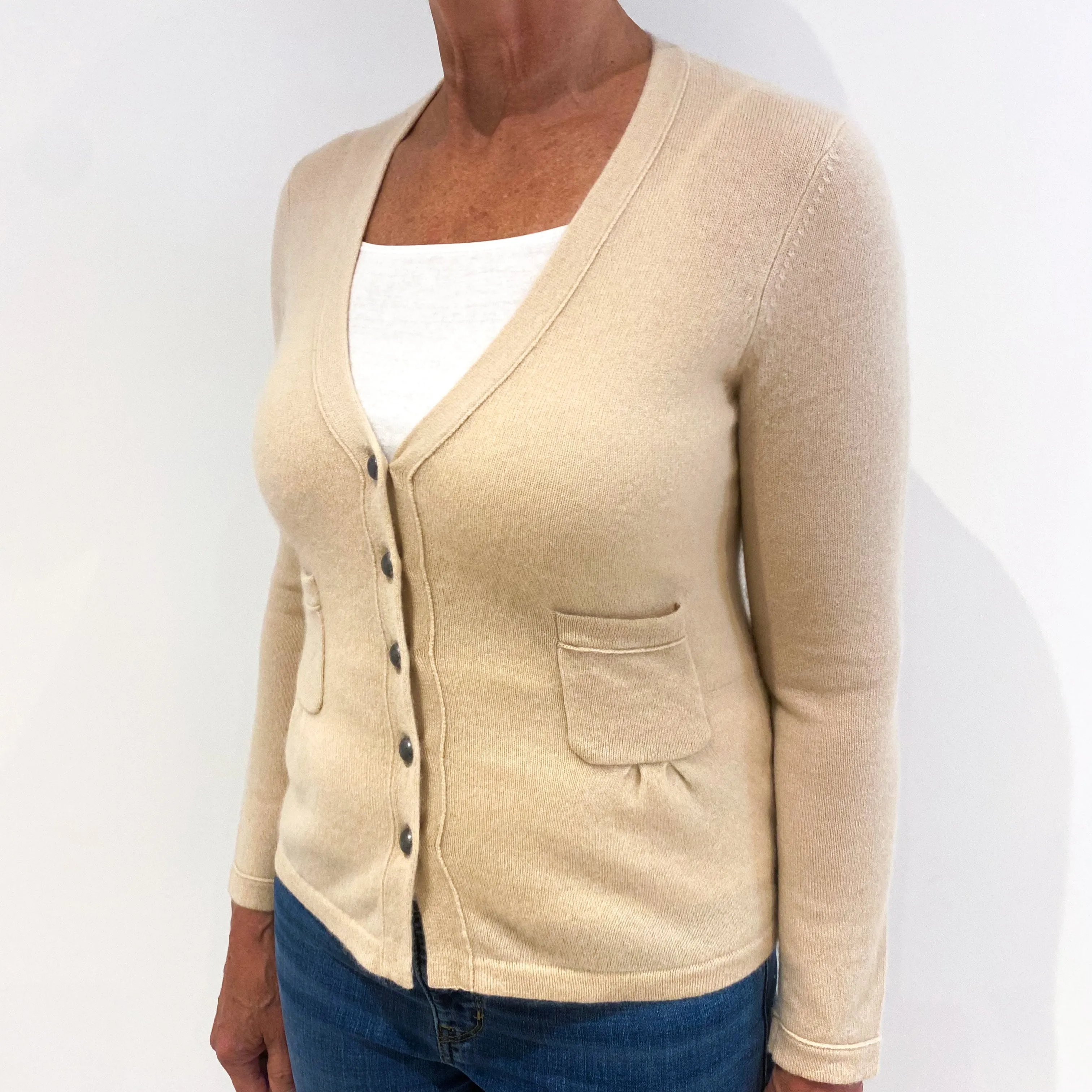 Buff Beige Cashmere V-Neck Cardigan Medium