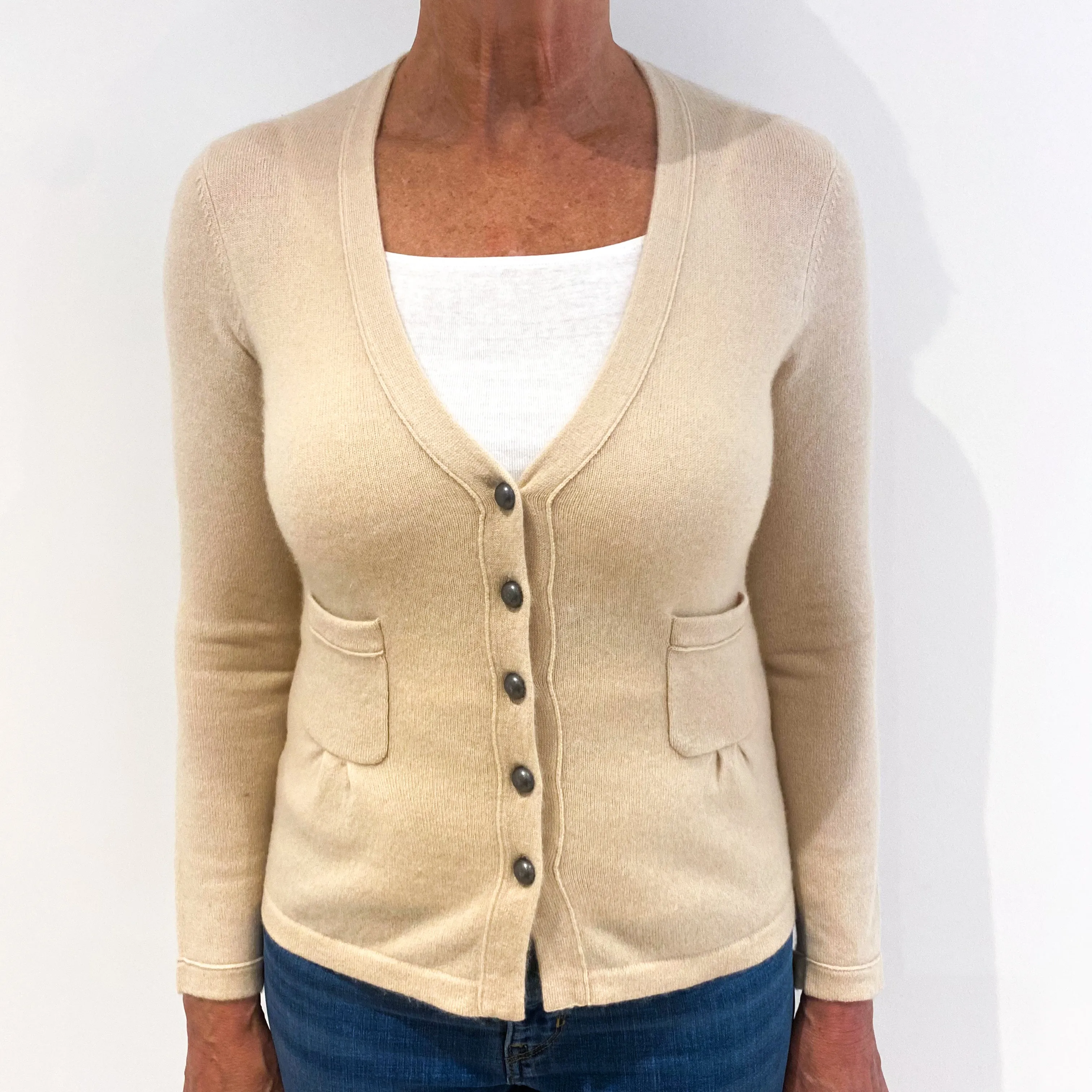 Buff Beige Cashmere V-Neck Cardigan Medium