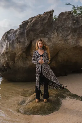 Cardigan in Black and White Print Decorated with Black Fringe