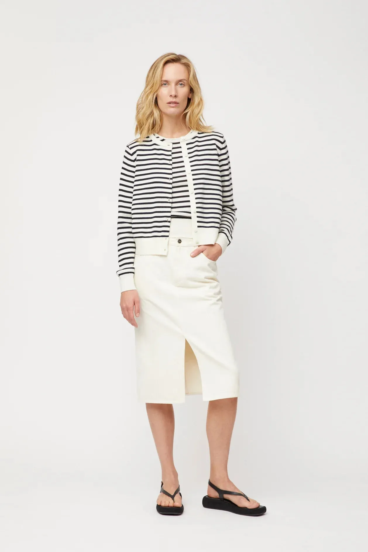Classic Merino Cardigan - Cream Navy Stripe