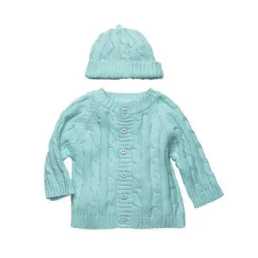 Cotton Cable Knit Aqua Cardigan Sweater & Beanie Set