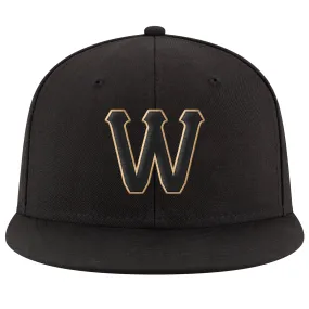 Custom Black Black-Old Gold Stitched Adjustable Snapback Hat