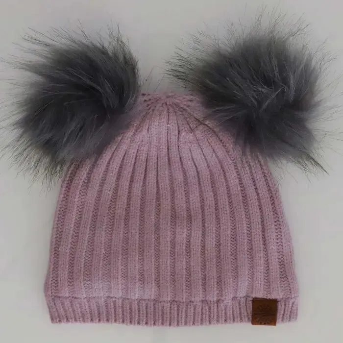 Double Pompom Knit Hat - Lilac | CALIKIDS