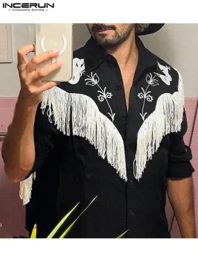 Embroidered Tassel Patchwork Lapel Long Sleeve Shirt