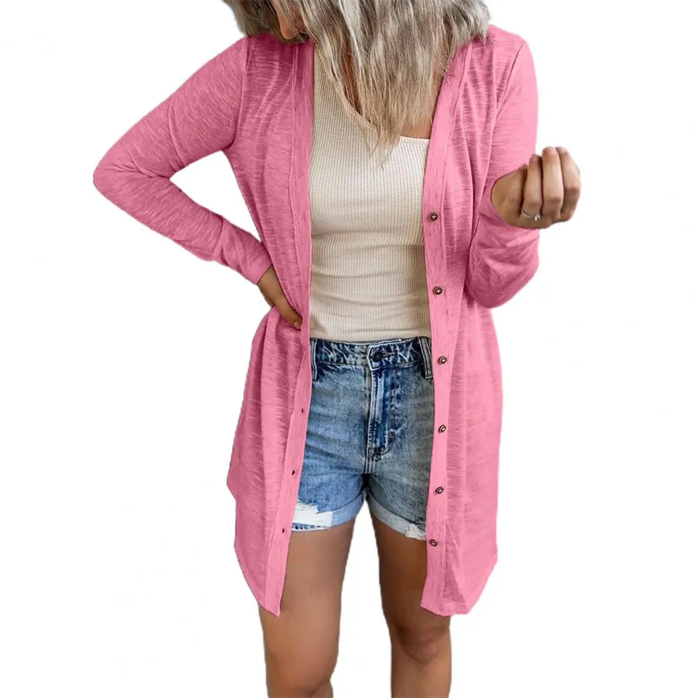 FashionSierra - Single-breasted Cardigan Women Solid Color Round Neck Long Cardigan
