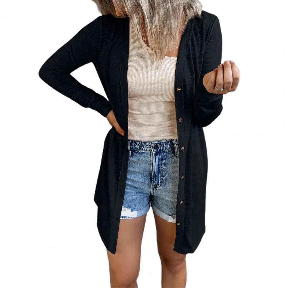 FashionSierra - Single-breasted Cardigan Women Solid Color Round Neck Long Cardigan