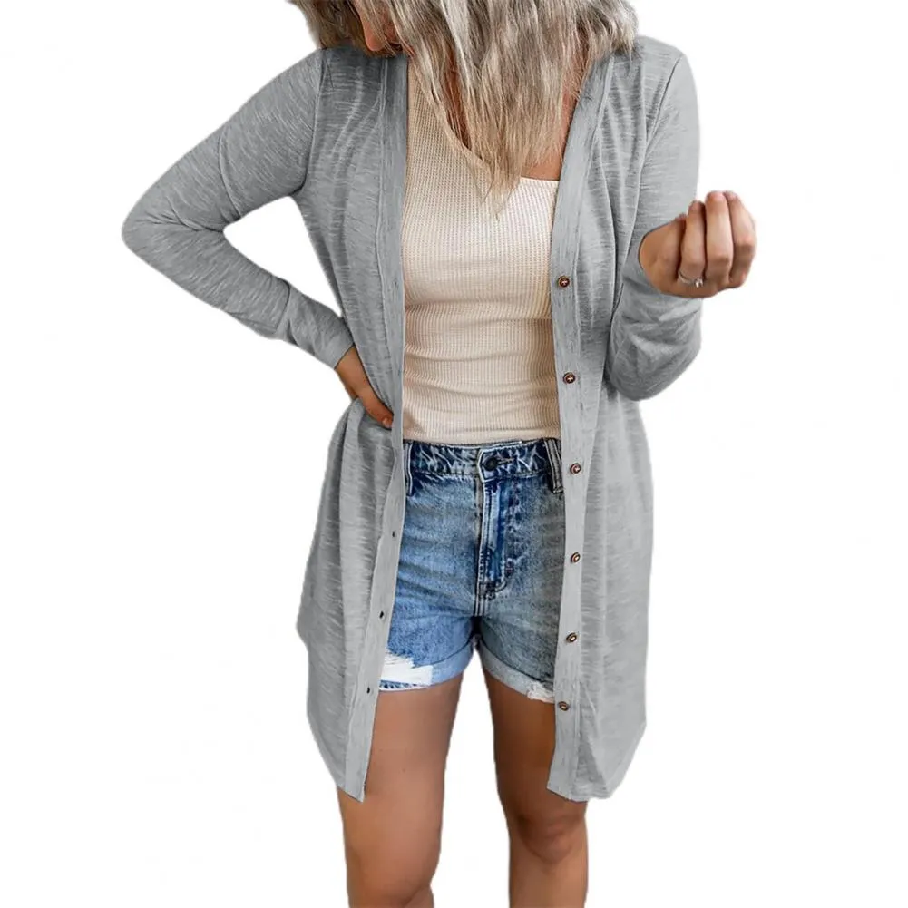 FashionSierra - Single-breasted Cardigan Women Solid Color Round Neck Long Cardigan