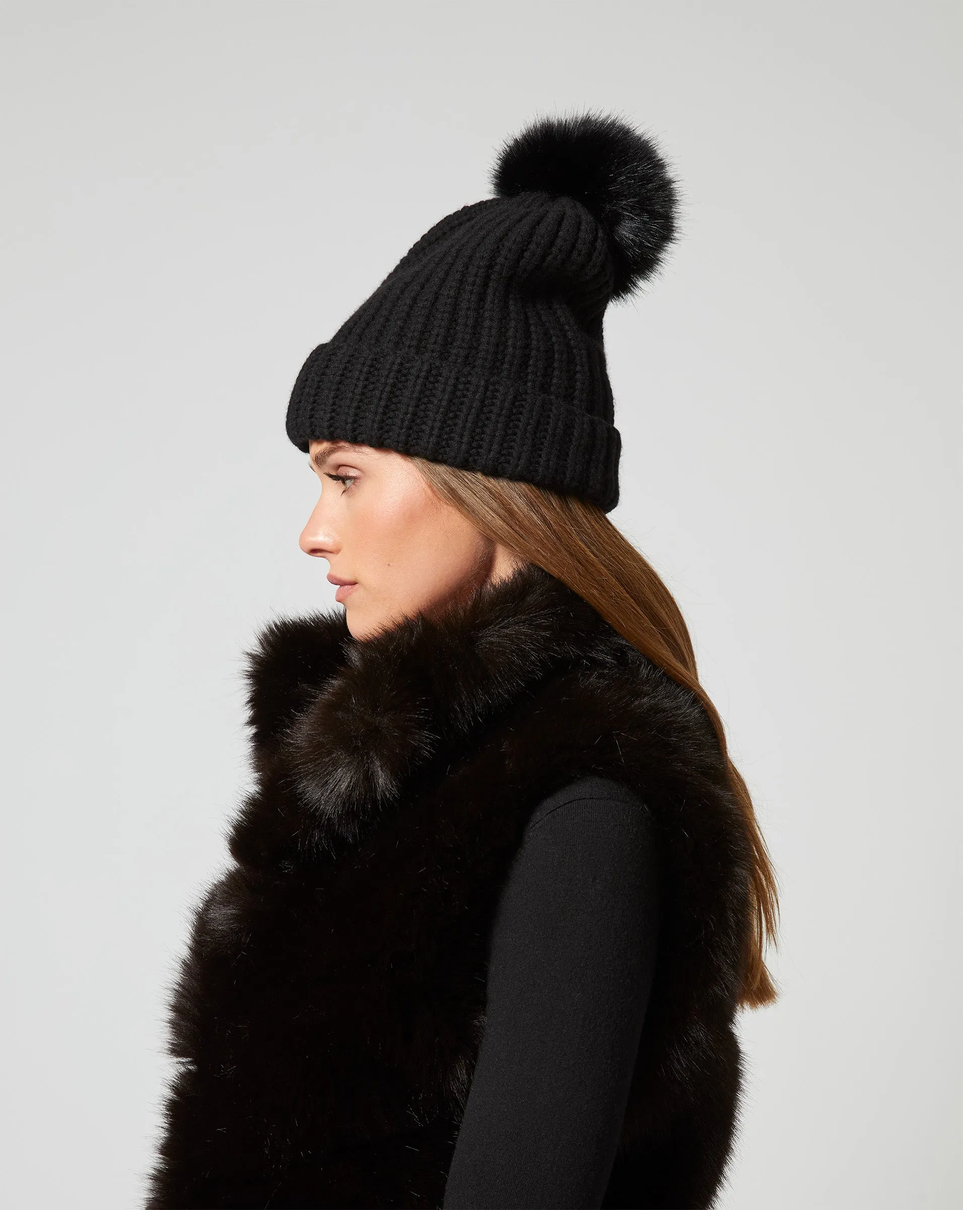 Faux Fur Pom-Pom Knit Beanie