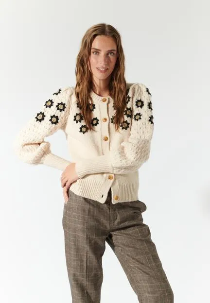 Feline Cream Embroidered Cardigan
