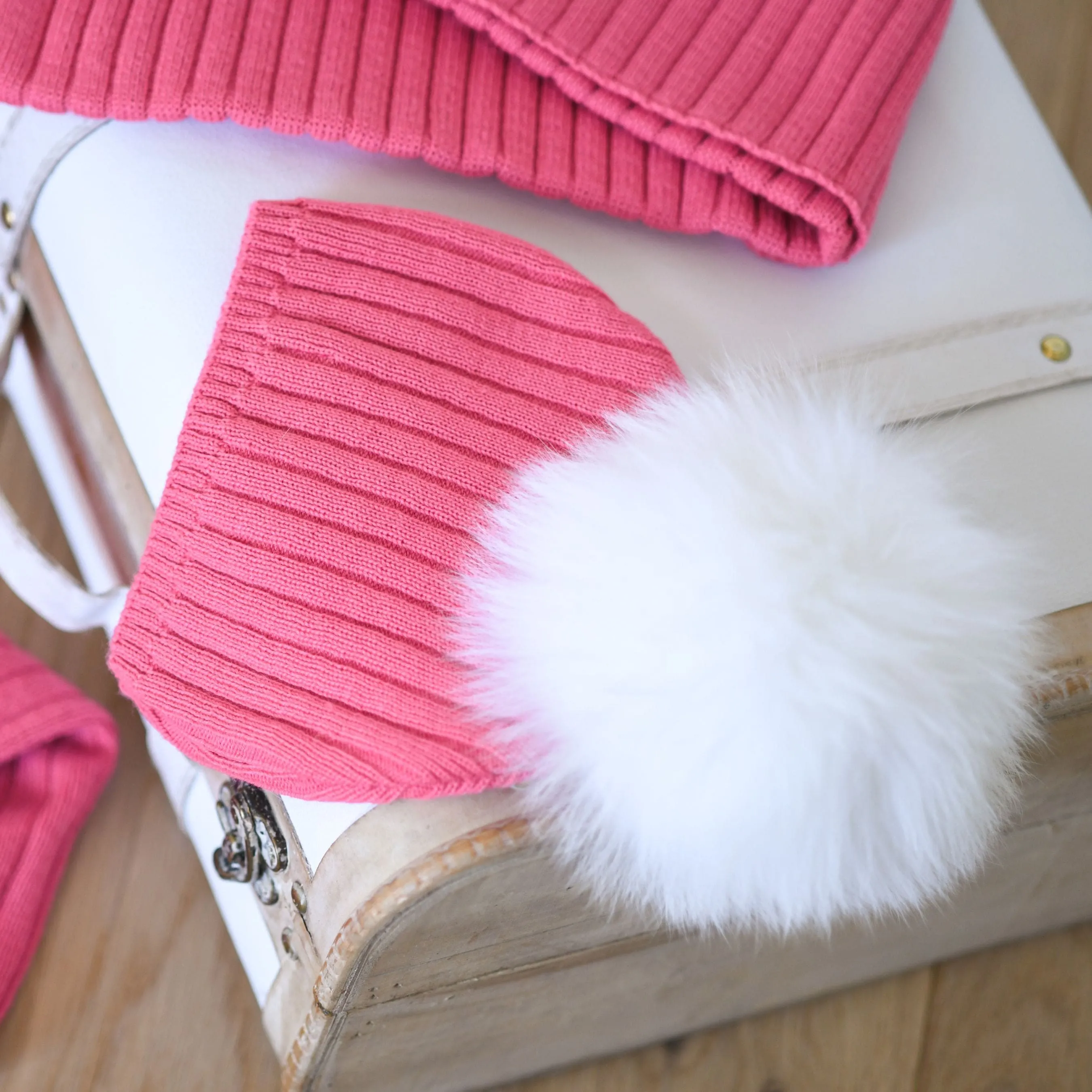 Girls Camellia Pink Knitted Pom-Pom Hat | Made in France