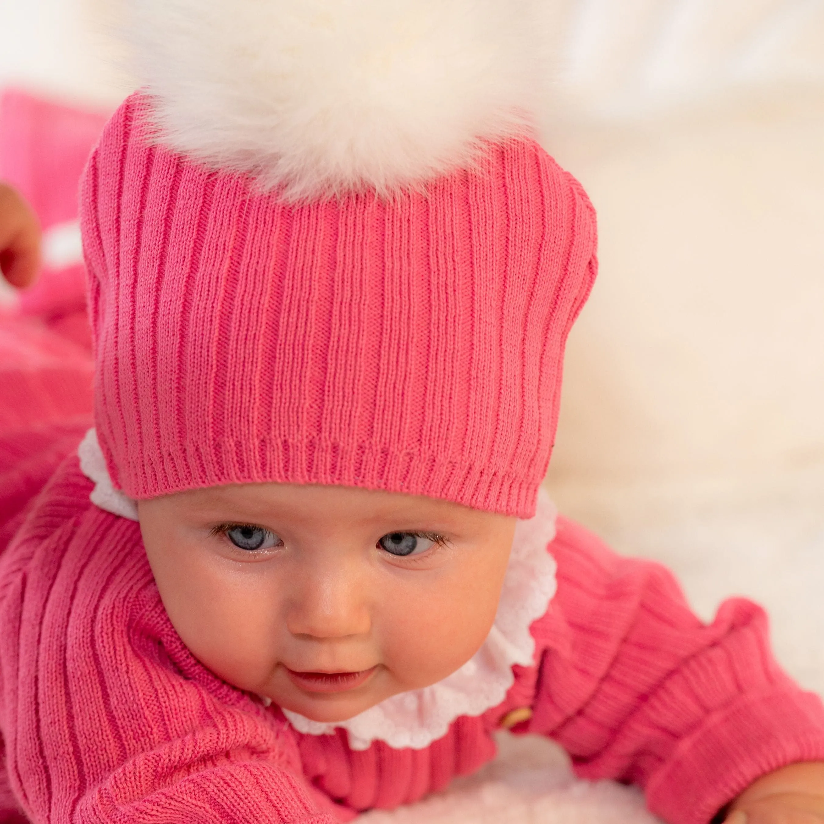 Girls Camellia Pink Knitted Pom-Pom Hat | Made in France