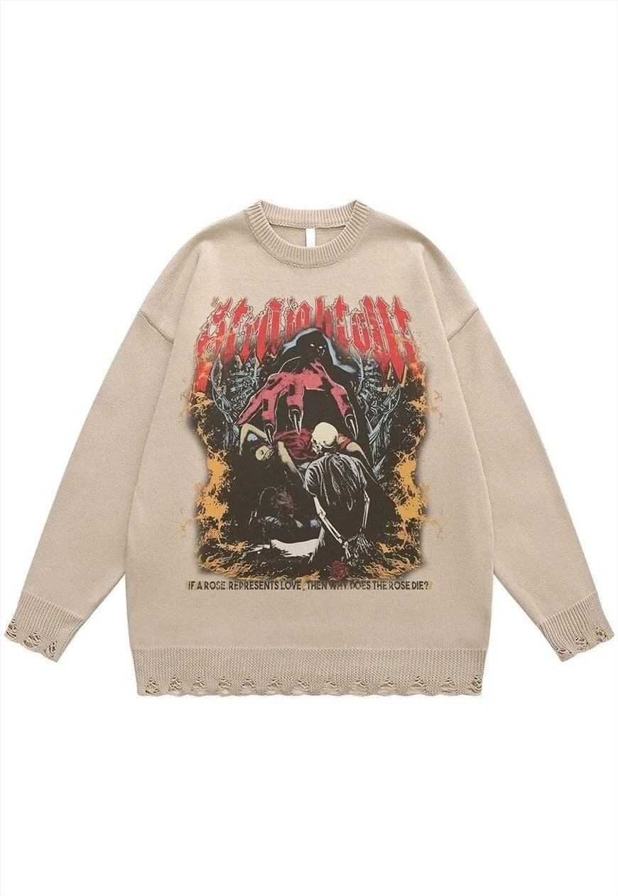 Gothic sweater 80s print jumper ripped knitted top in black