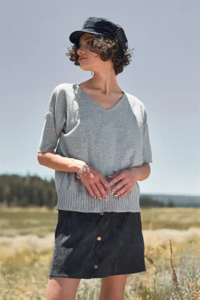Grey V-Neck Short Sleeve Loose Fit Rib Hem Knit Top /2-2-1-1