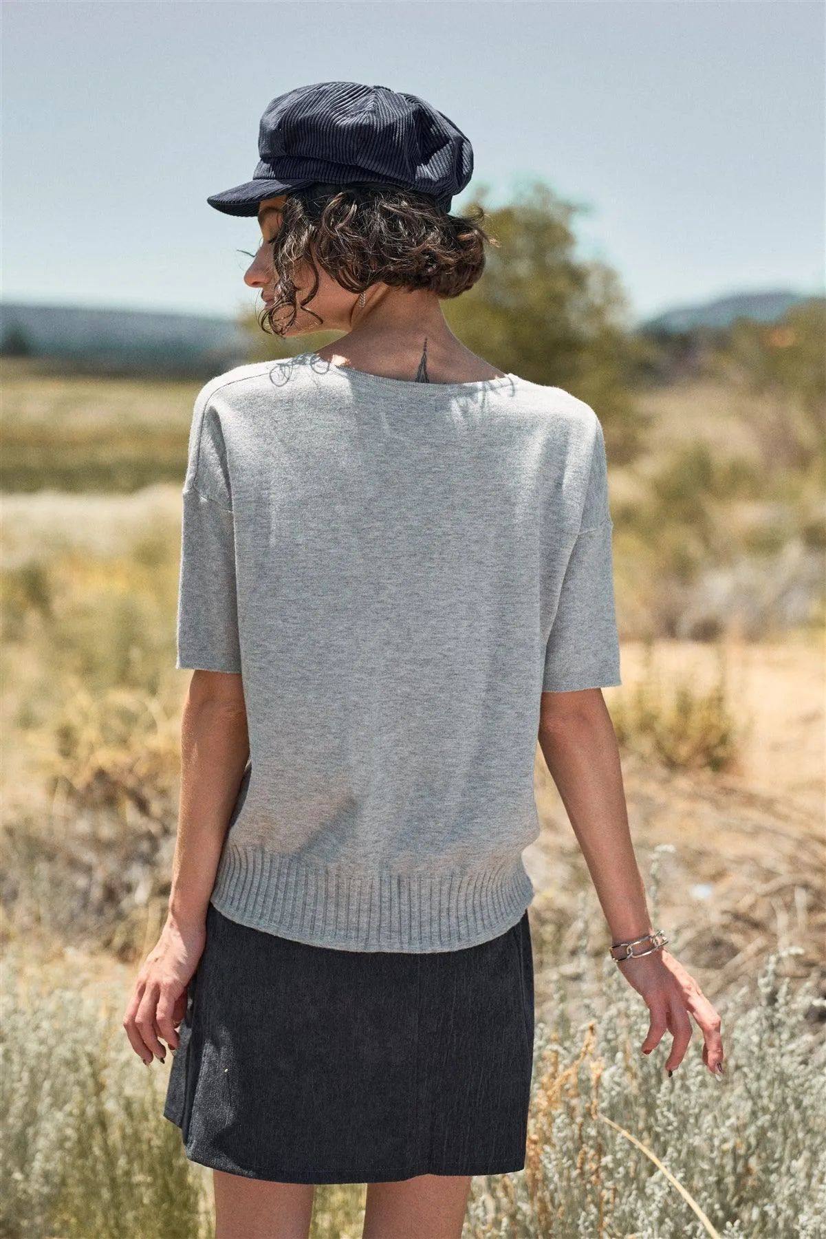 Grey V-Neck Short Sleeve Loose Fit Rib Hem Knit Top /2-2-1-1