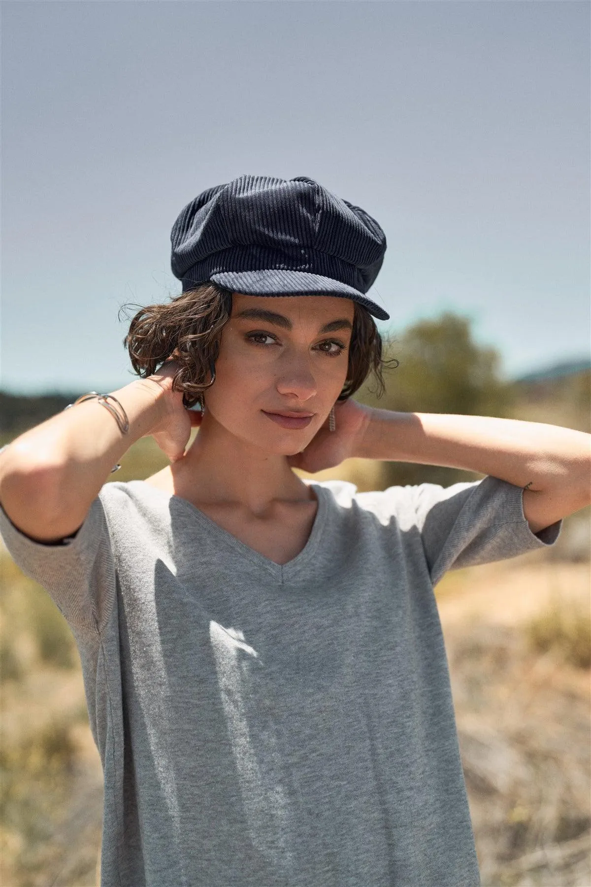 Grey V-Neck Short Sleeve Loose Fit Rib Hem Knit Top /2-2-1-1